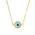Nahaufnahme des Evil Eye Anhängers mit weißem Perlmutt und einer Zirkonia Pavé Fassung - Rundes Evil Eye Perlmutt