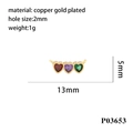 Close-up of 18K gold-plated heart pendant connector with red, purple, and green zircons - P03653 (3 Hearts)