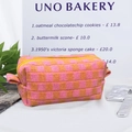 Pink and orange checkered knit cosmetic bag with yellow zipper and side handle - Large Orange-Pink Grid
