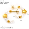 Detail view of 18k gold plated C-shaped earrings with pearls and stars showing dimensions - Star Style (SE906G)