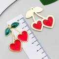 Translucent red cherry heart pendant charm with gold edge and green leaf detail - 1Pc Red Glitter Enamel Heart Large Cherry (33x28mm)
