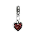Macro shot of silver heart charm with pavé-set red crystals and circular ring clasp - 18-Gem Heart