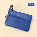 Mini blue genuine leather coin purse with double zippers and metal keychain ring - Denim Blue