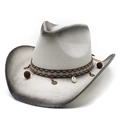Detalle de sombrero de vaquero de paja degradada con banda étnica y colgantes - M(56-58cm) / Negro y Blanco