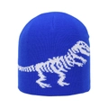 Detailed close-up of blue knitted beanie featuring a white dinosaur skeleton pattern - 2-6 Years Old / Blue