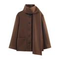 Brown wool coat with integrated scarf design and single-breasted buttons on white background - S / Dark Brown