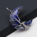 Detailed close-up of crescent moon resin pendant with stone inlay and tree of life wire wrap - Lapis Lazuli Moon Pendant-Alloy Chain