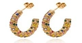 Golden C-shaped earrings with twisted texture and multi-colored zircon gemstones inlay - Colorful Zircon C-Shaped Gold (MS-238)
