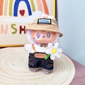 Labubu doll in beige bucket hat and blue denim overalls holding a white flower - Original Spring Field Overalls Set / First And Second Generation Keychains Are Compatible With La Cloth Dolls. Dolls Not Included.