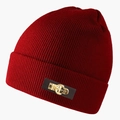Detail of red knit beanie with black leather patch and engraved gold metal buckle - L(58-60cm) / Burgundy