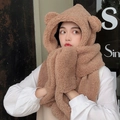 Plüschiges braunes Bärenohr-Kapuzenschal-Handschuh-Set aus weichem Fleece-Stoff - Bär 3-Teiliges Set / Braun