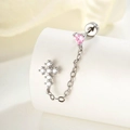 Orecchino a catena in argento con cuore rosa e croce in zircone per doppio buco all'orecchio - Zirconia Rosa (A614-2)
