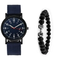 Détail d'une montre militaire à quartz avec bracelet nylon bleu et bracelet en perles - Bleu + Bracelet