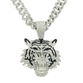 Detailed view of silver tiger head pendant with clear rhinestones and black enamel stripes - Silver Tiger Head with 50cm Cuban Chain
