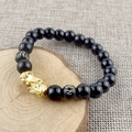 Men's black obsidian bead bracelet featuring a gold Pi Xiu charm and Sanskrit engravings - 8mm Six-Syllable Mantra Pixiu