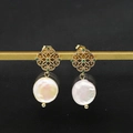Baroque pearl earrings with green emerald accents in a vintage golden finish - Emerald Lace Hollow Stud