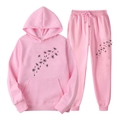 Survêtement rose en polaire pour femme avec imprimé pissenlit noir sur le sweat et pantalon - S / Haut Et Bas / Rose (Style 6)