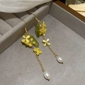 Elegant floral tassel earrings with yellow petals, green leaves and white teardrop pearls - Yellow Green Gold