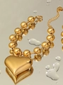 Collar de cadena de bolas doradas con un gran colgante de corazón pulido para mujer - Pulsera / Dorado