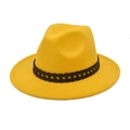 Close-up of bright yellow wool fedora hat with black woven band and wide brim details - M (56-58cm) / Yellow