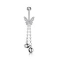 Detailed view of silver butterfly belly ring with sparkling zircon and bell tassels - Butterfly Bell Style (2930)