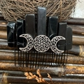 Detail of black crystal hair comb with silver Triple Moon and Celtic knot symbol - Obsidian Black Wire Silver Moon