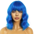 Blue shoulder-length wavy wig with flat bangs displayed on a professional model head - Blue