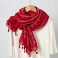 Red cotton linen scarf with white geometric embroidery and tassels for travel - Red