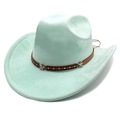 Top view of mint green suede cowboy hat featuring star studs on a brown leather band - M (56-58cm) / Mint Green
