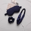 Three-piece dark blue silk sleep set featuring an eye mask, headband, and scrunchie - Navy Blue