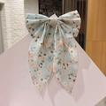 Pince à cheveux nœud à motif floral vert menthe en mousseline et fleurs roses - Bleu