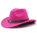 Detailed fuchsia felt cowboy hat featuring brown leather band with silver metal studs - Rose Red