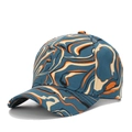 Baseball cap with vibrant blue and orange marble fluid pattern and curved brim - One Size(Adjustable) / Peacock Blue Marble