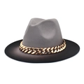 Detail of grey and black felt fedora featuring a chunky gold metal chain link band - M (56-58cm) / Light Gray + Black
