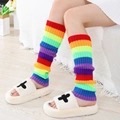 Rainbow striped knit leg warmers for women, colorful thigh-high socks in vibrant autumn style - Red Rainbow 2