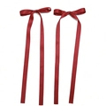 Close-up of a pair of red satin bow hair clips with long flowing ribbons on white background - Wine Red (1 Pair)