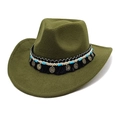 Détail d'un fedora vert foncé avec franges bohèmes, perles et breloques en métal - M (56-58cm) / Vert Militaire