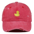 Detailed view of red washed cotton baseball cap featuring duck embroidery and distressed holes - One Size / Watermelon red