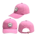 Three views of pink baseball cap featuring white chenille smiley face embroidery and metal buckle - Adult Size (56-58cm) / Pink