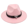 Detailed view of pink wool fedora hat with ethnic woven band and metal bull skull pendant - Pink (Colored Steer)