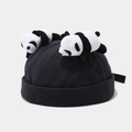 Detail of a black cotton docker hat featuring two cute 3D panda plush toys on top - Dark Gray