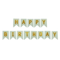 Detail of mint green birthday banner with gold foil Happy Birthday letters and swallowtail flags - Light Green Birthday Banner