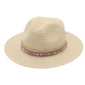 Detail of summer straw Panama hat featuring colorful beaded trim and rhinestone accents - One Size / Beige