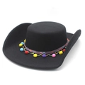 Close-up of ethnic braided band with colorful pom-poms on a black felt western cowboy hat - M (56-59cm) / Black