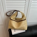 Large beige straw tote bag with dark brown leather trim and shoulder strap details - Khaki Woven