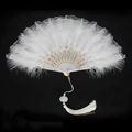 Elegant white feather folding fan with lace trim, golden ribs, and a white silk tassel - Lace White Feather Fan