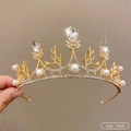Golden bridal tiara with sparkling rhinestones and white pearls, 14cm width variant - 18# Rhinestone Pearl Crown (14cm)