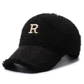 Black fleece baseball cap with champagne R embroidery and star rhinestone details - Black