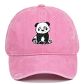 Detailed close-up of panda embroidery on washed pink cotton baseball cap fabric - Pink