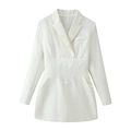 Elegant white long-sleeve blazer dress with waist cinching and rhinestone pocket detail - S / White